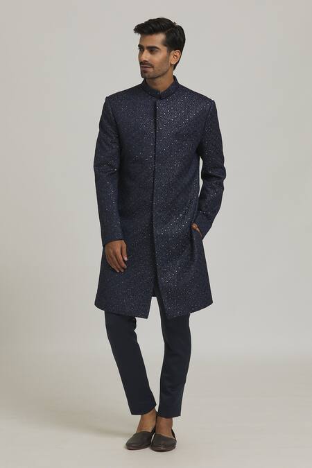 Buy Nero By Shaifali And Satya Blue Satin Embroidery Diamond Nawabi Sherwani With Pant at Aza Fashions Buy_Nero By Shaifali And Satya_Blue Satin Embroidery Diamond Nawabi Sherwani With Pant_at_Aza_Fashions