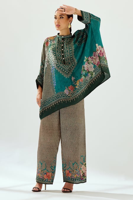 Rajdeep Ranawat Green Silk Geometric Round Band Chanel Floral Pattern Tunic 