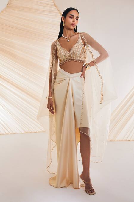 Divya Aggarwal Ivory Satin Crystals, Pearls, Sequins V-neck Leaf Embroidered Cape Skirt Set 