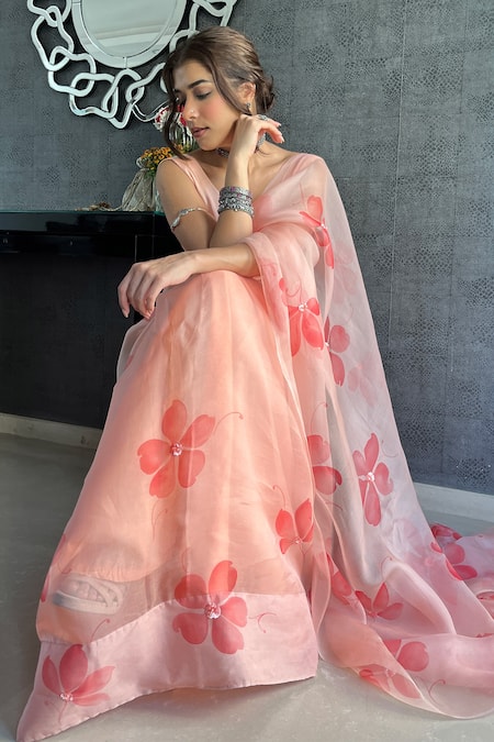 Meghstudio Peach Saree  Organza Hand Painted Hibiscus Sequins Embroidered And  