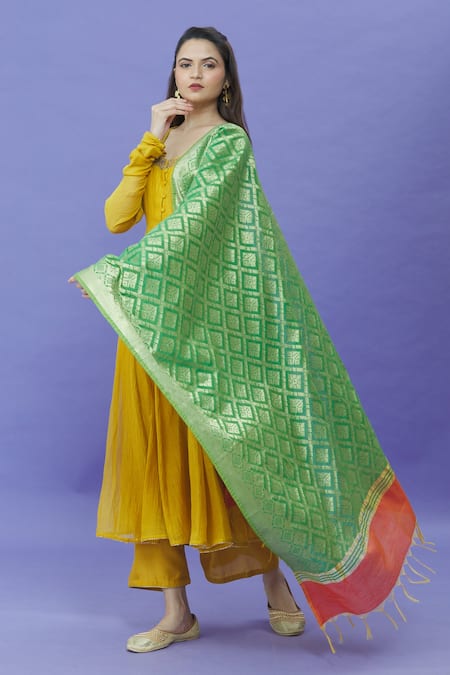 Khwaab by Sanjana Lakhani Geometric Pattern Green Dupatta 