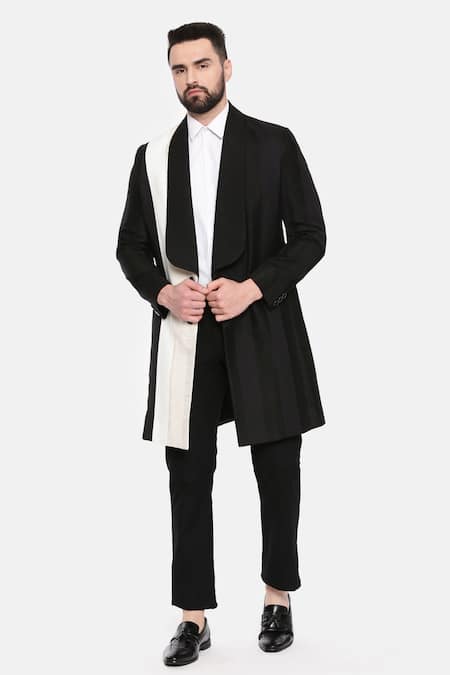Mayank Modi - Men Black 100% Linen Plain Two Tone Trench Jacket 