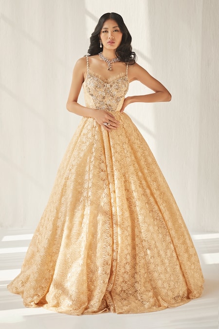 Buy Cedar & Pine Yellow Net Pearls, Sequins Sweetheart Neck Thread Embroidered Gown at Aza Fashions Buy_Cedar & Pine_Yellow Net Pearls, Sequins Sweetheart Neck Thread Embroidered Gown_at_Aza_Fashions