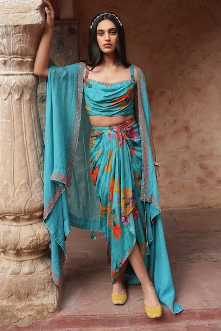 Ruhr India Blue Silk Organza Sequin And Bead Work Open Hand Embroidered Cape