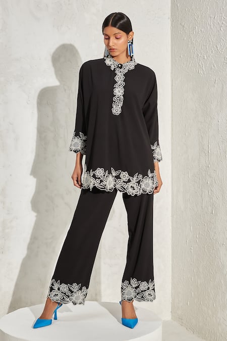 Buy Black Moss Crepe Hand Embellished Floral Wisteria Boxy Top And Pant ...