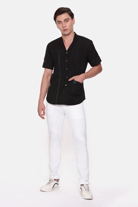 Mayank Modi - Men Black Malai Cotton Short Sleeve Shirt 