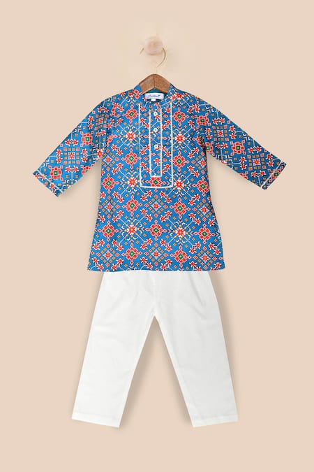 Pankhuri By Priyanka Blue Silk, Cotton Gota Patti Patola Print Kurta Set 