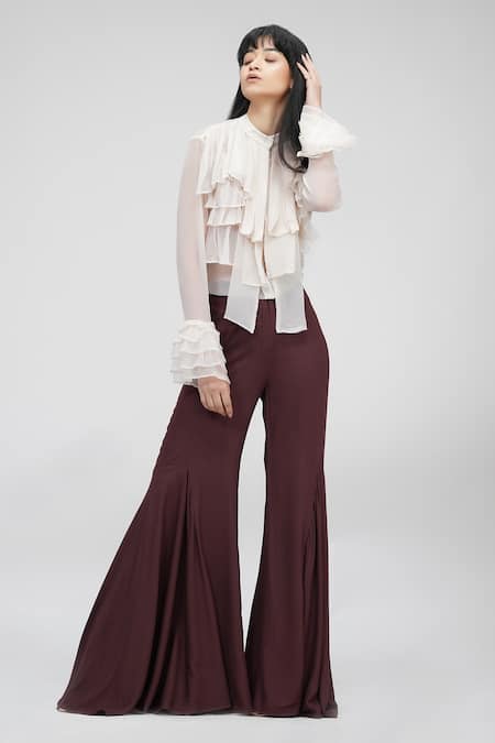 Shruti S Beige Chiffon Bandeau Neck Sheer Ruffle Shirt 