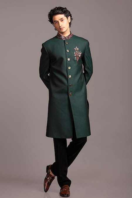 Jayesh Shah Green Terry Wool Embroidered Floral Placement Sherwani And Pant Set 