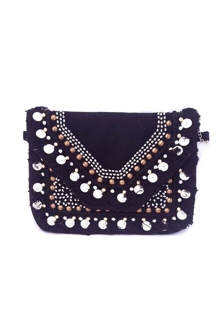 A Clutch Story_Black Fringe, Beads Marble Boho Coin Clutch Bag _Online_at_Aza_Fashions