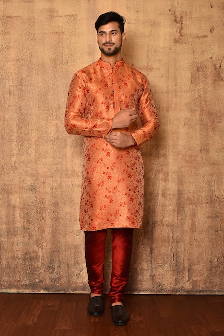Arihant Rai Sinha Orange Art Silk Floral Pattern Mandarin Collar Kurta Set