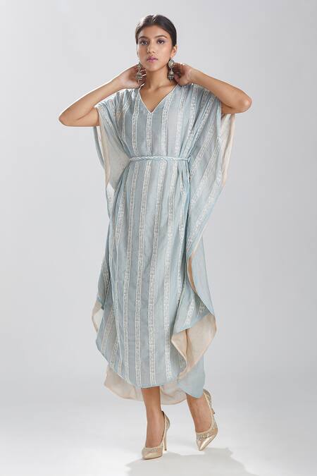 Megha Bansal Blue Silk Chanderi Pearl, Thread, Linear V Neck Tapan Vrit Kaftan