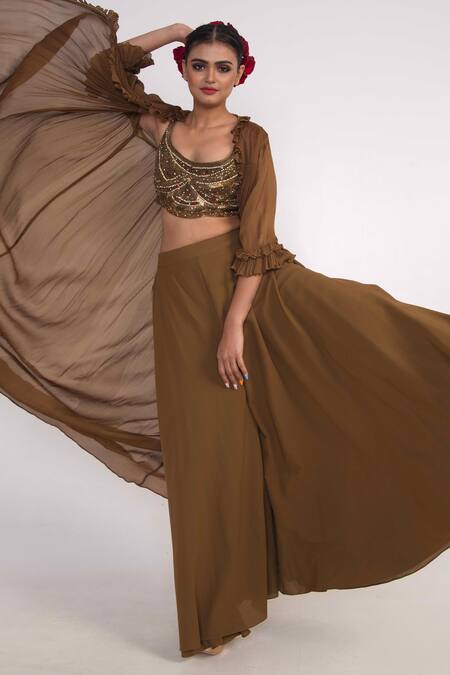Merge Design_Brown Chiffon, Crepe, Georgette Beads, Cut Work, Pleated Shrug And Flared Pant Set _Online_at_Aza_Fashions