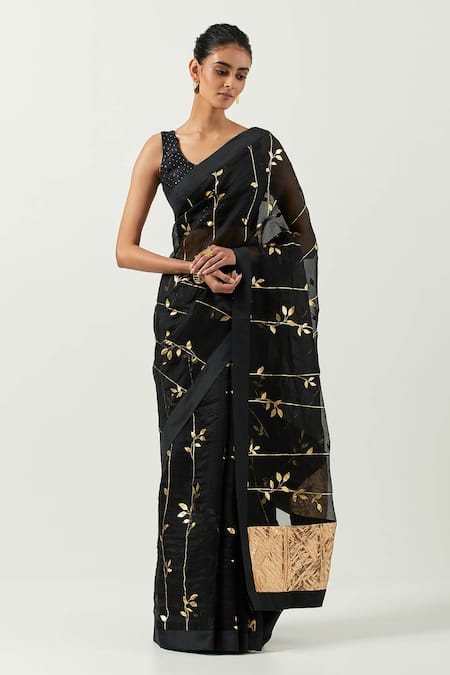 Label Earthen Black Organza Silk Printed Floral Surma Sona Patti Saree With Blouse 