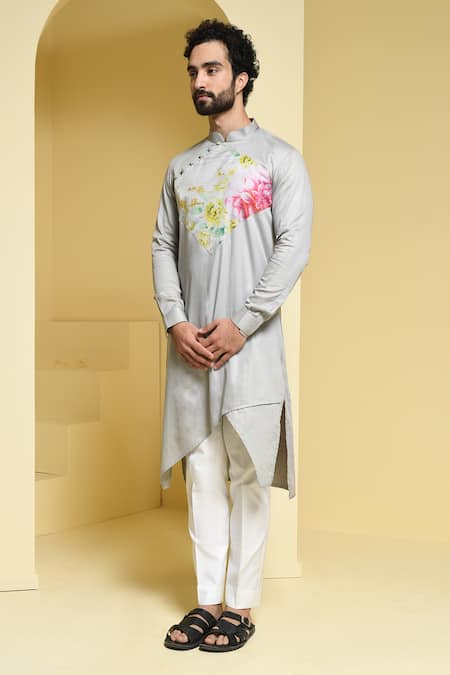 Shop_Kustomeyes_Silver Cotton Kurta And Pant Set _Online_at_Aza_Fashions