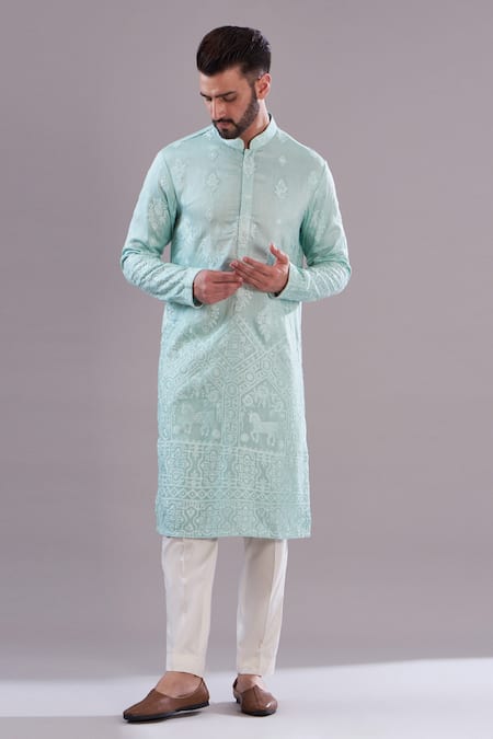 Kasbah Blue Silk, Cotton Embroidery Pure Thread Work Kurta