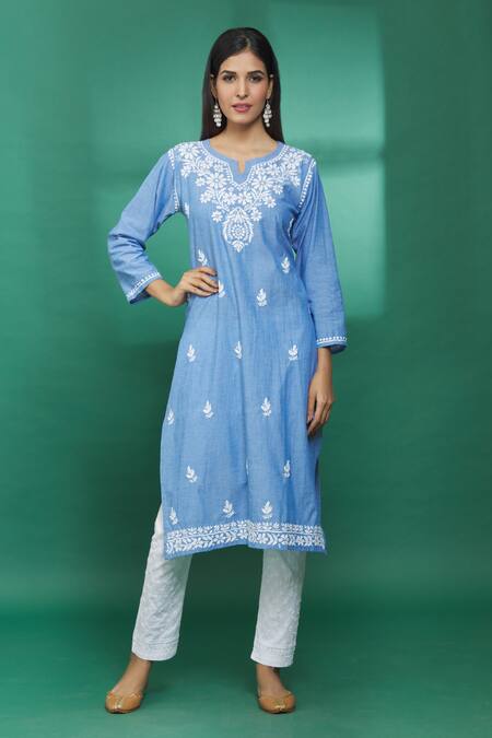 The Chikankarists Blue Denim Cotton Floral Chikankari Kurta