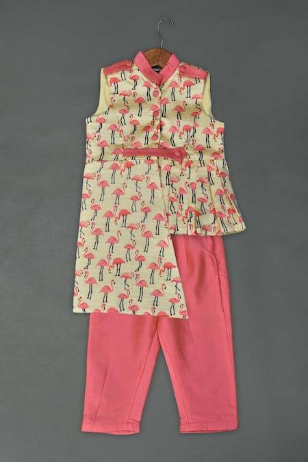 Maaikid Beige Cotton, Silk Flamingo Print Top And Pant Set