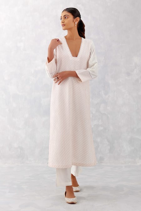 Devnaagri Ivory Cotton, Organza, Embroidery Pintucked Kurta Straight Pant Set