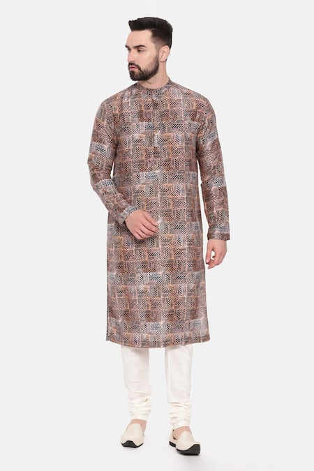 Mayank Modi - Men Red Bamberg Linen Print Geometric Kurta Set 