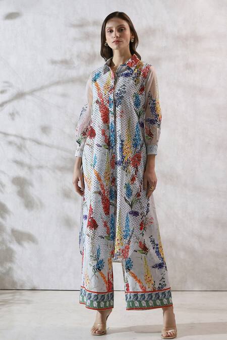 Buy RANNA GILL Multi Color Viscose Linen Print Floral Schiffli Embroidered Kurta at Aza Fashions Buy_RANNA GILL_Multi Color Viscose Linen Print Floral Schiffli Embroidered Kurta _at_Aza_Fashions