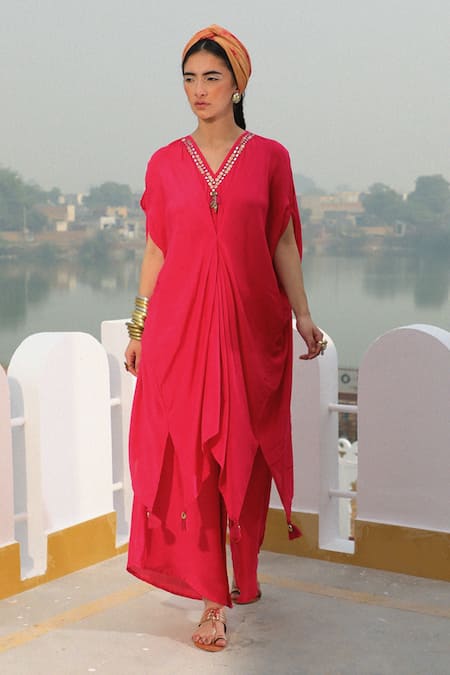 Shop Enech Pink Modal Mirror Work V Neck Asymmetric Kaftan And Pant Set at Aza Fashions Shop_Enech_Pink Modal Mirror Work V Neck Asymmetric Kaftan And Pant Set_at_Aza_Fashions
