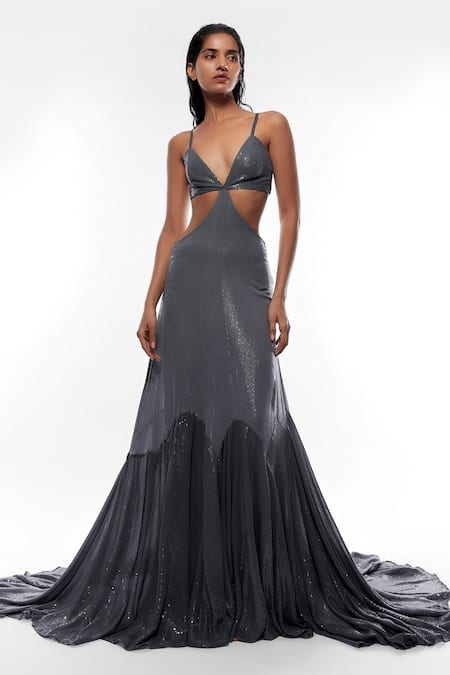 Saunderoll - Puff Sleeve V-Neck Sequin Bow Panel Mesh A-Line Ball Gown |  YesStyle