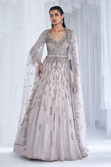 Dolly J Silver Organza, Net Sequins, Cut Work, Cimmerion Embellished Anarkali With Cape