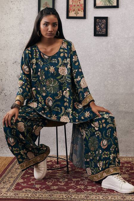 Raw silk readymade party wear kurti set maroon with butta prints & zar –  Maatshi