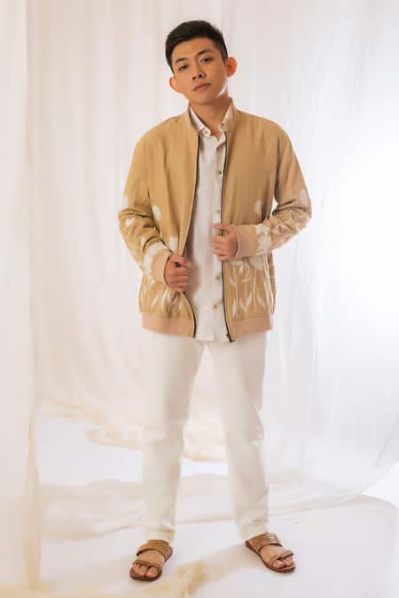 Vaani Beswal Beige Handwoven Muga Slub Embroidery Floral Bomber Jacket 