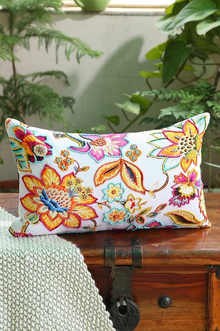 Amoliconcepts Multi Color Cotton Embroidered Hand Beaded Rectangular Cushion Cover