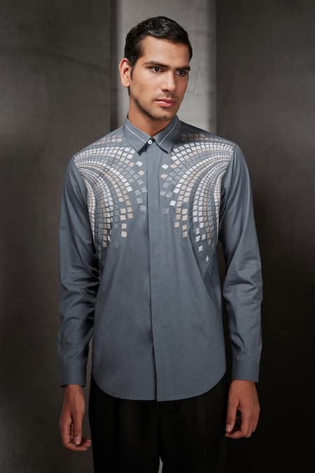 Rohit Gandhi + Rahul Khanna Grey Cotton Embroidered Dori Work Shirt 