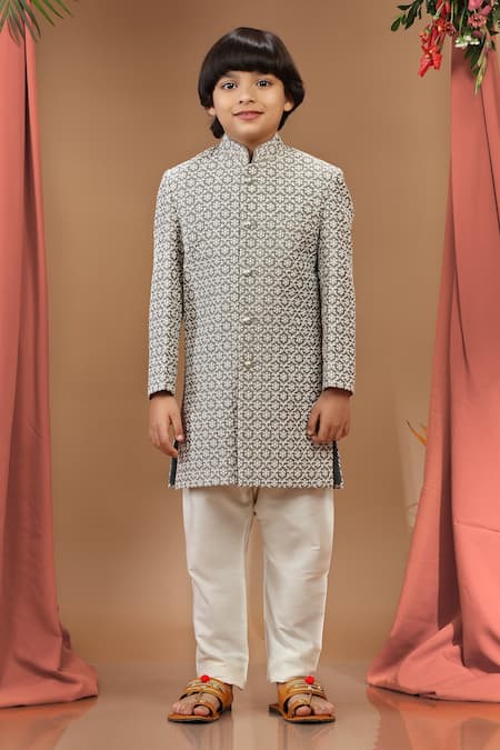 Kora By Nilesh Mitesh Grey Silk Embroidered Thread Work Sherwani Set 