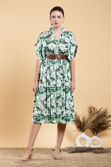 Divi By Sonal Khandelwal Green Modal, Satin V-neck Wild Apple Print Kimono Dress 