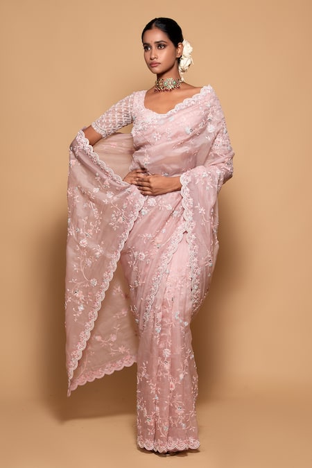 Pallavi Poddar Organza Floral Jaal Embroidered Saree With Blouse 