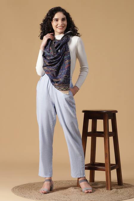 Shingora Blue Printed Floral And Paisley Stole