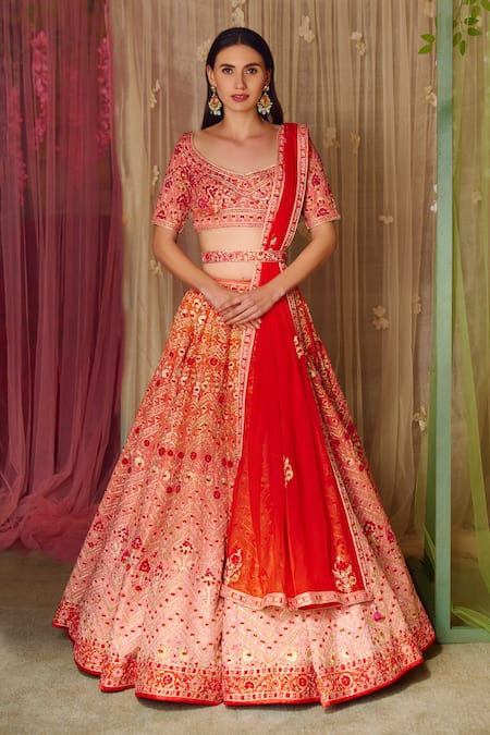 Pink Orange Bandhani Lehenga & Dupatta with Unstitched Blouse - INDI INSIDE  - 3749827