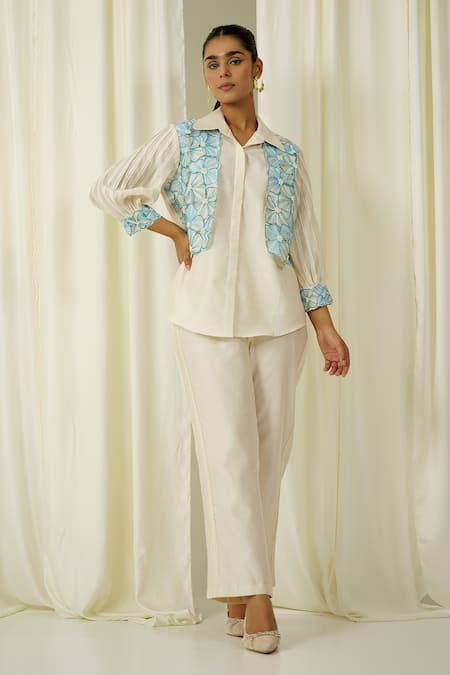 Sakshi Khetterpal Ivory Chanderi Beads, Pearls, Embroidery Collared Shirt And Pant Set