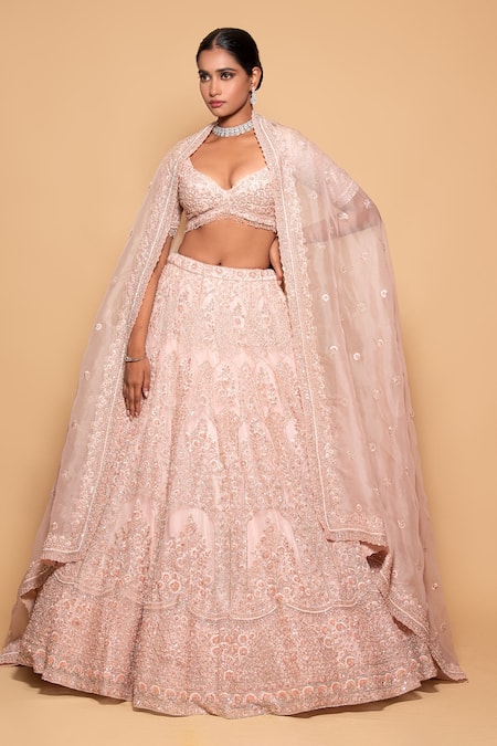 Pallavi Poddar Pink Organza Sequins, Pearls, Beads, Khusrang Embroidered Bridal Lehenga Set 