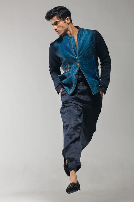 Shop_Jatin Malik_Blue Linen, Silk Embroidery Bomber Jacket With Kurta Set _at_Aza_Fashions