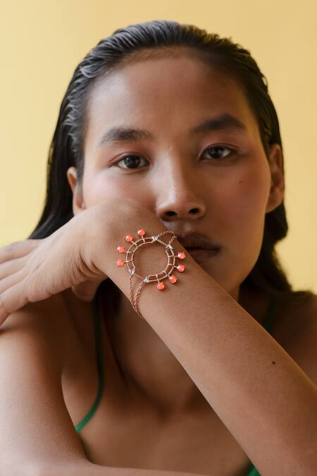 Shop Esme By Aashna Dalmia Orange Embellished Geometric Shaped Bracelet at Aza Fashions Shop_Esme By Aashna Dalmia_Orange Embellished Geometric Shaped Bracelet _at_Aza_Fashions