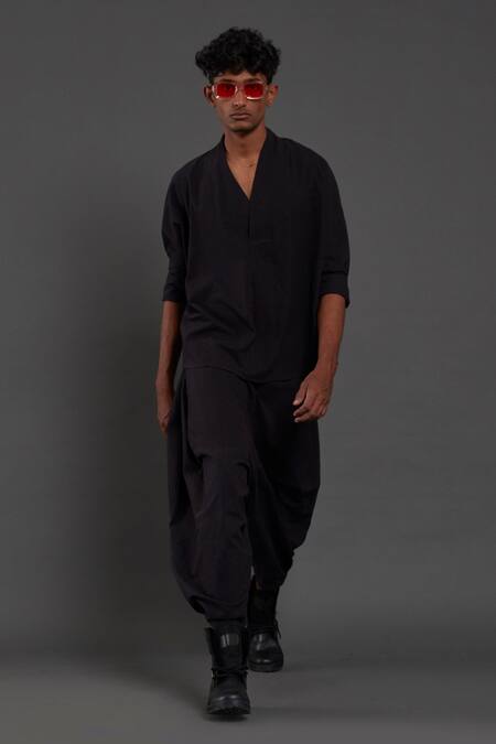 Buy MATI Black 100% Cotton Plain Overlap Shirt And Pant Set at Aza Fashions Buy_MATI_Black 100% Cotton Plain Overlap Shirt And Pant Set_at_Aza_Fashions