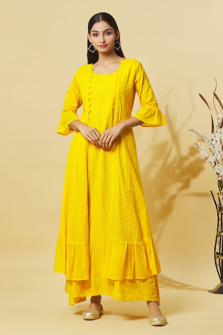 Samyukta Singhania Yellow Cotton Embroidery Chikankari Round Neck Work Dress 