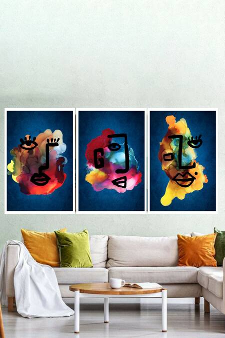 Raffinee Multi Color High Quality Canvas Paper Digital Abstract Face Wall Art - Set Of 3
