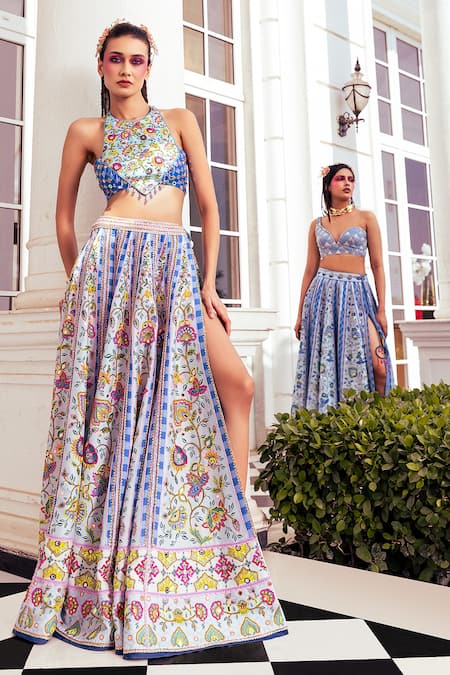 Shop_Diyarajvvir_Blue Silk, Linen Mirrors, Cut Work, Tassels Embroidered Lehenga And Blouse Set _Online_at_Aza_Fashions