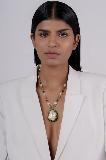 Osvag India Gold Semi Precious Polki Pendant Necklace 