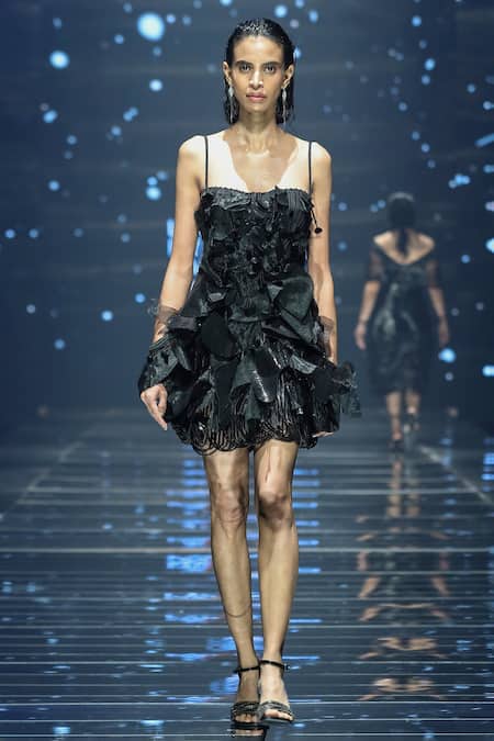 Geisha Designs Black Nylon Embroidery Floral Straight Jocelyn Applique Dress  