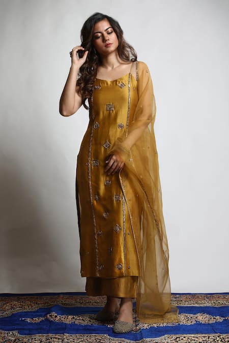 Mona and Vishu Gold Kurta And Pant  Dupion Silk Embroidered Zari Round Hand Straight Set 