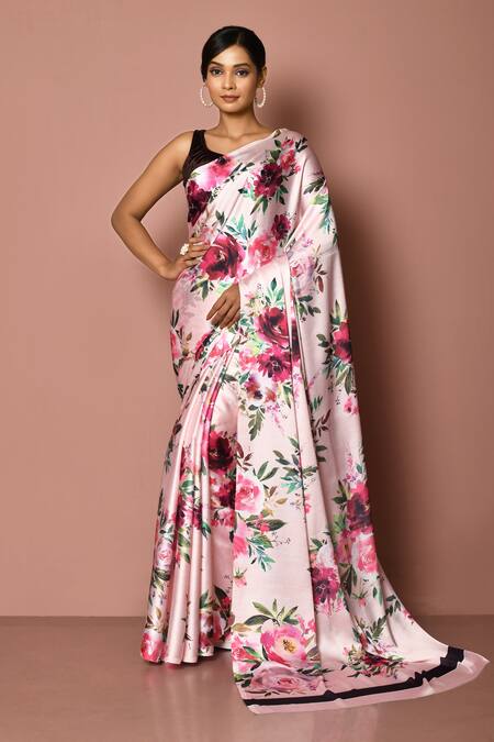 Pink Floral Satin Saree – StylebyPanaaash