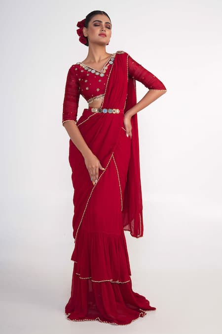 Merge Design Red Saree  Georgette Embroidered Mirror V Neck Ruffle Pre-draped Set 